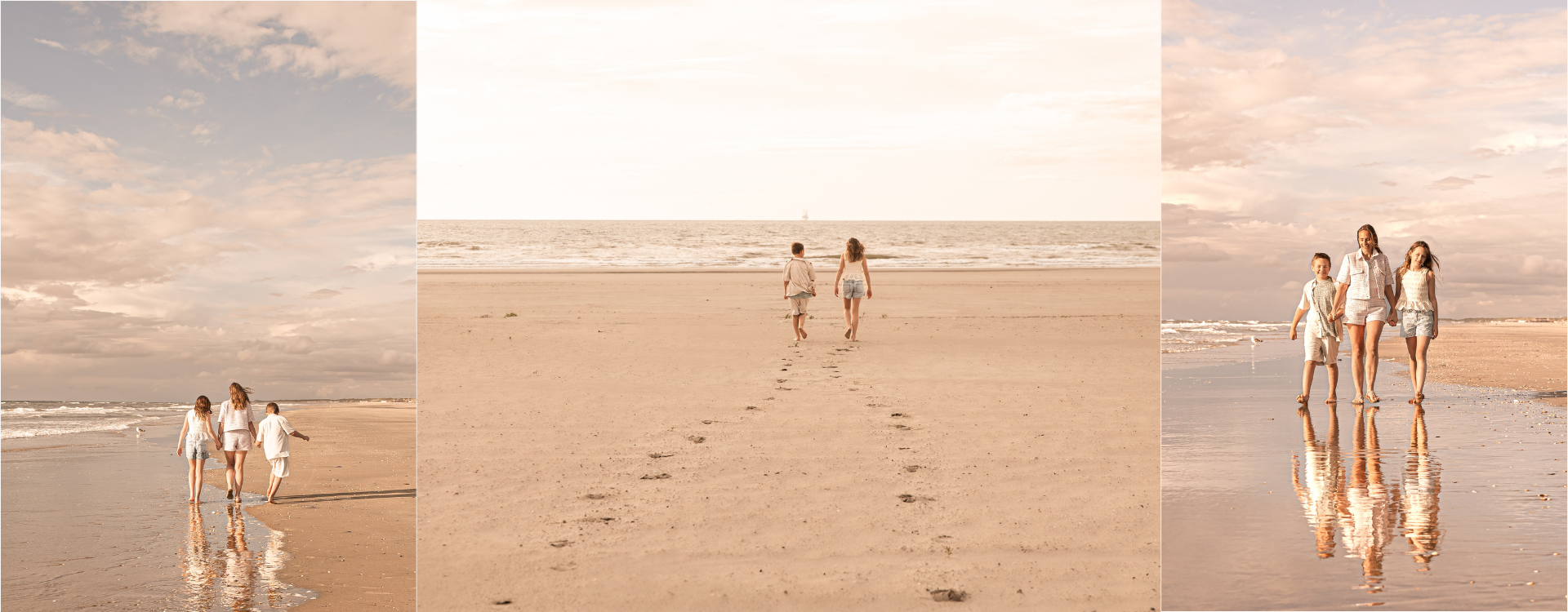 "Familie met twee kinderen wandelt over het strand langs de zee tijdens een ontspannen dag aan de kust." Fotograaf ByIrisvdZwan, familiefotograaf